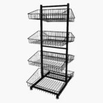 Angled view of a black 4 tier double sided tiered basket stand trolley with four wire storage baskets for retail merchandising.