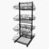 Angled view of a black 4 tier double sided tiered basket stand trolley with four wire storage baskets for retail merchandising.