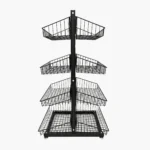 Side view of a black 4 tier double sided tiered basket stand trolley showing angled wire baskets and sturdy metal frame.