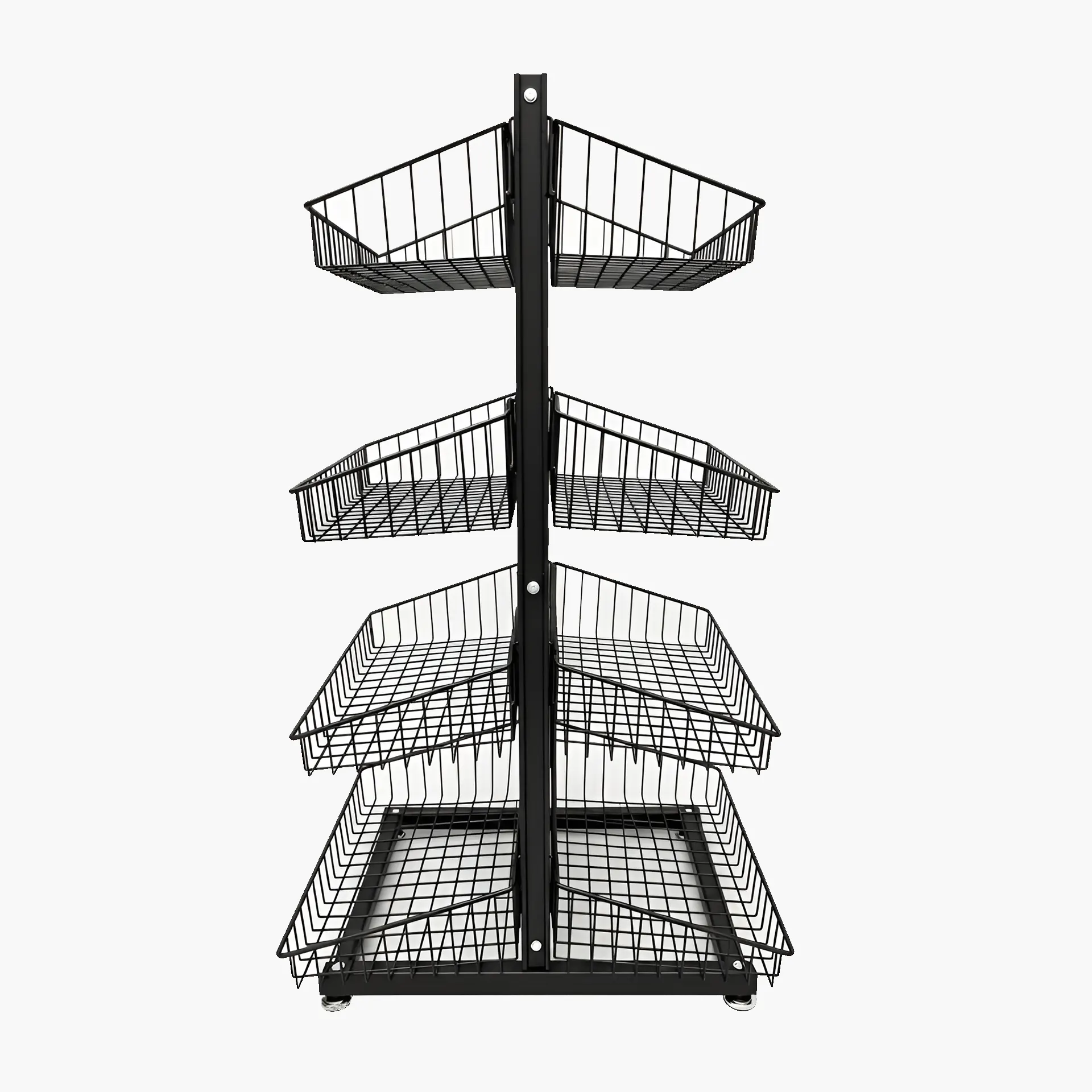 Side view of a black 4 tier double sided tiered basket stand trolley showing angled wire baskets and sturdy metal frame.
