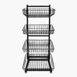 Front view of a black 4 tier double sided tiered basket stand trolley with wire storage baskets for retail display.