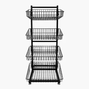Front view of a black 4 tier double sided tiered basket stand trolley with wire storage baskets for retail display.