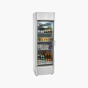 Single glass door upright display cooler for showcasing chilled beverages and food items