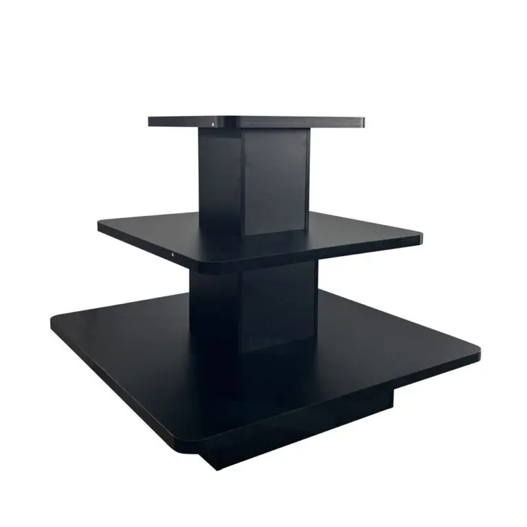 3 tier display table for showcasing products in retail stores, Melamine square three-tier display table for showcasing retail merchandise.