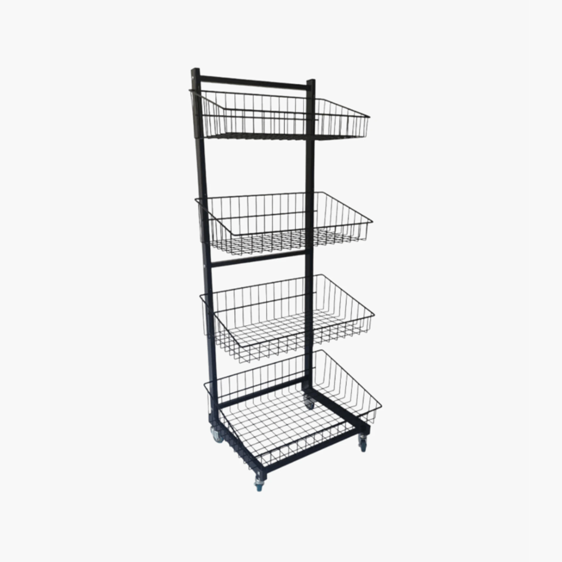 4 Tiered Basket Stand Trolley Single Sided – Black