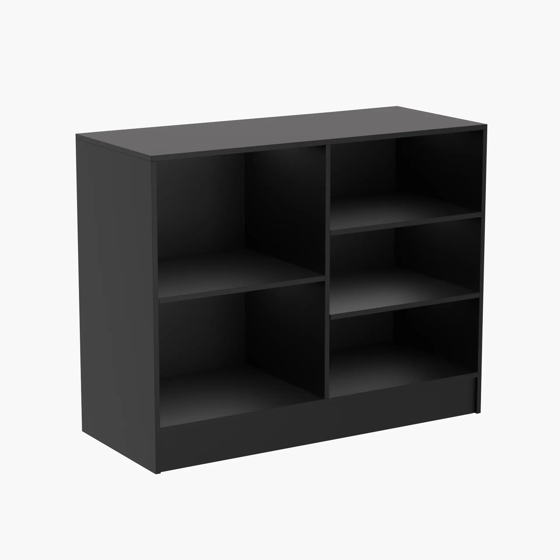 Black 4-foot wide wrap cash counter with flat top for retail checkout.