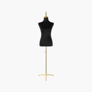 Female mannequin torso with metal tripod stand for displaying apparel in retail stores