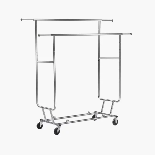 Collapsible rolling garment rack cart with double hangrail and wheels for portable clothing display