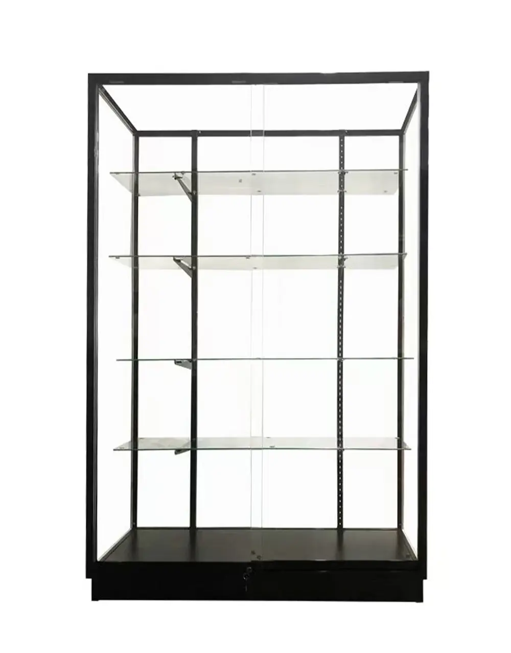 Glass tower display case with low base for showcasing collectibles and retail products