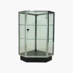 Extra vision corner silver display case for showcasing retail products with clear visibility