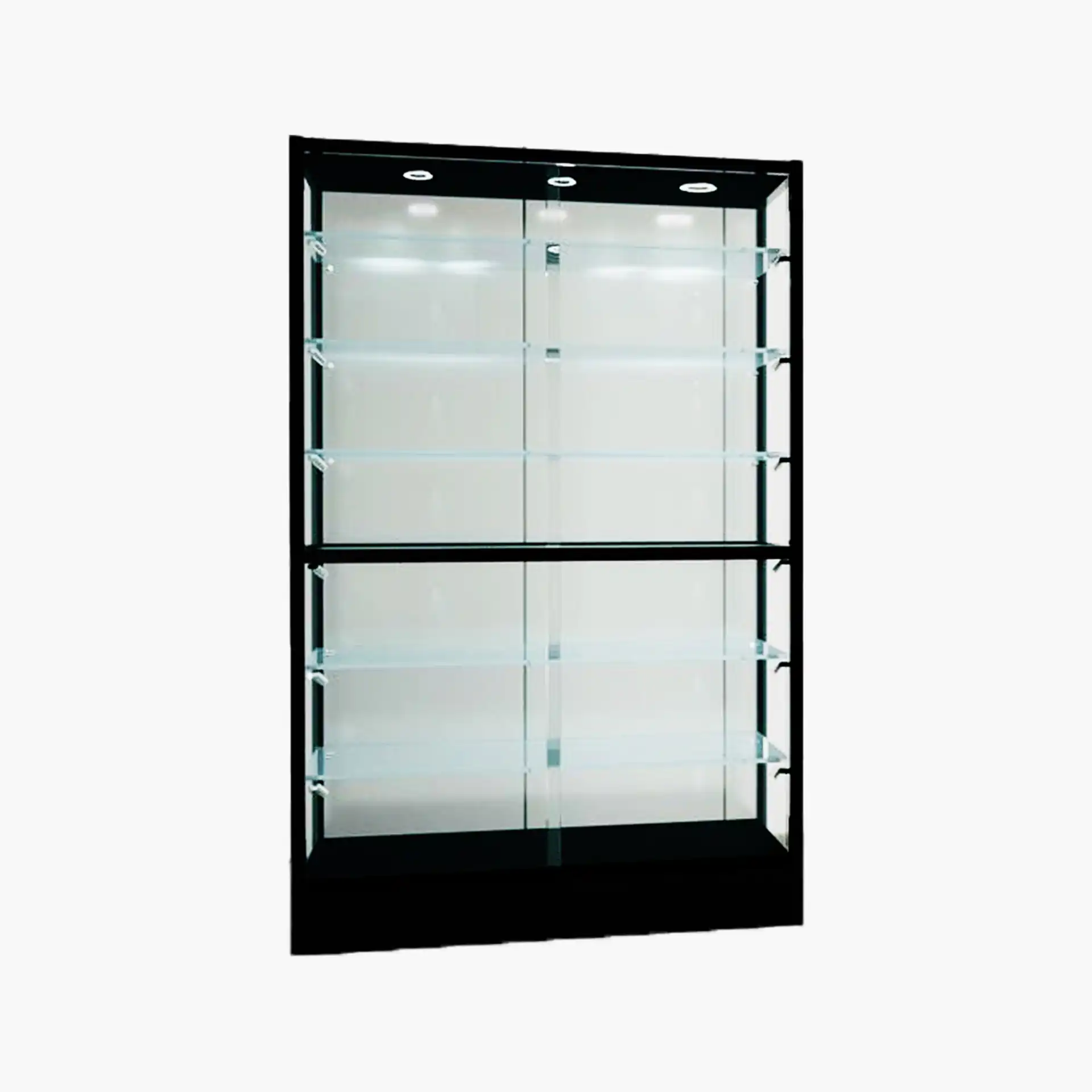 Wall-mounted extra vision glass showcase with LED spotlights for secure retail display of jewelry and merchandise