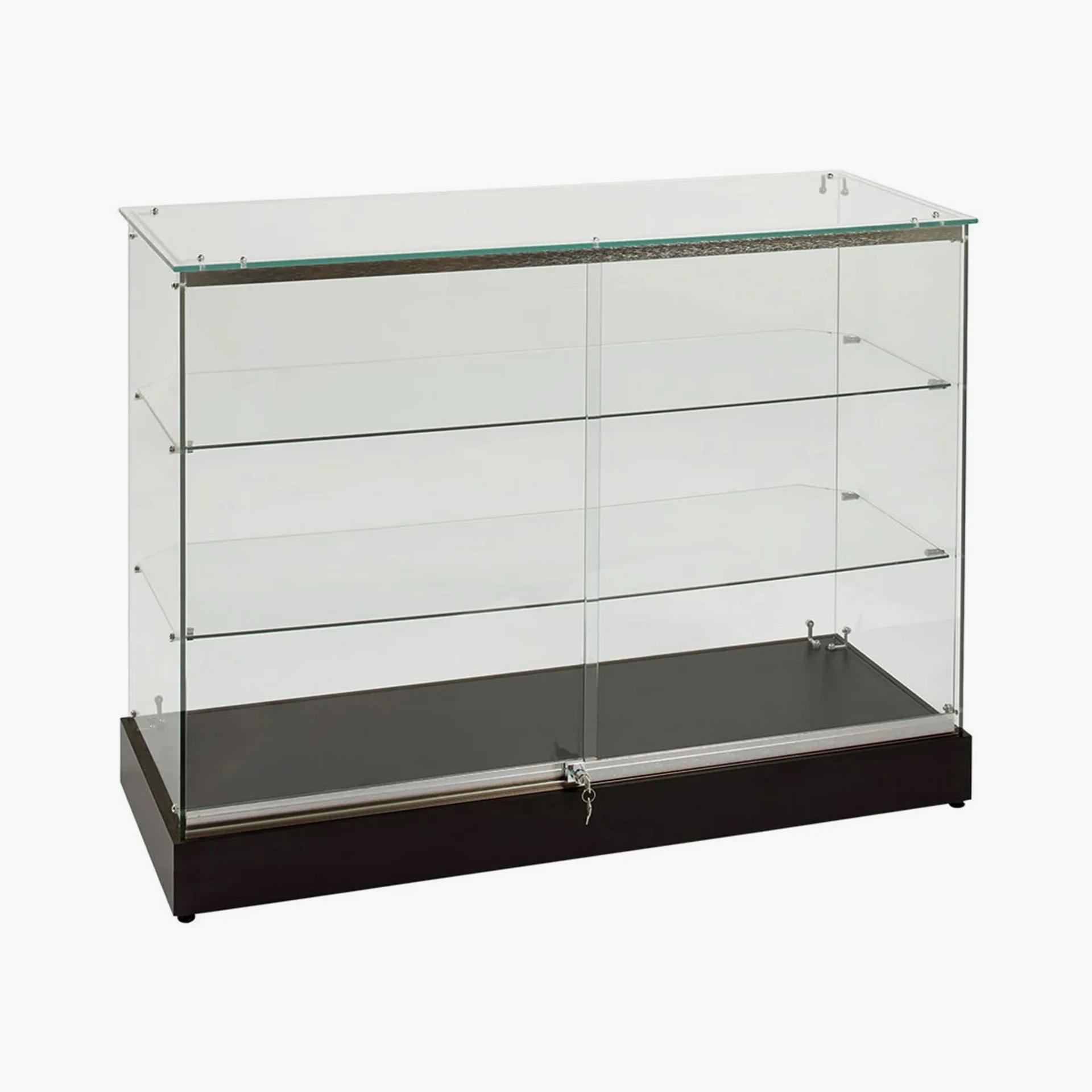 Frameless tempered glass display case with built-in lighting and adjustable shelves for secure full-vision retail jewelry showcase