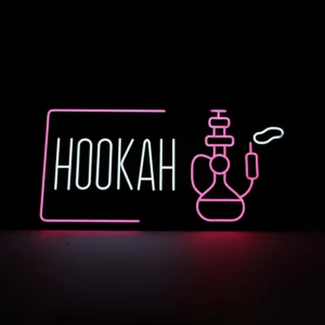 Vibrant pink and white LED neon flex sign for smoke shops and lounges, featuring the word "HOOKAH" in a modern font next to a glowing hookah pipe icon with smoke. 35x17 inch storefront signage.