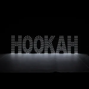 Professional ultra-bright white LED dot-matrix sign for hookah lounges and bars. Features the word "HOOKAH" in individual glowing white bulbs for high-visibility storefront window placement. 30x8 inch horizontal display.