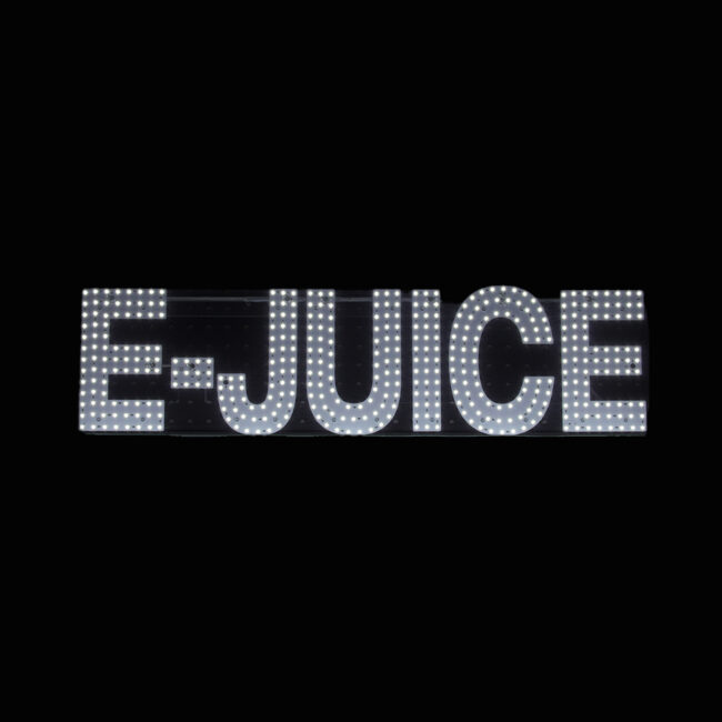 LED E-Juice shop sign with bright white lights on black background for vape store display.