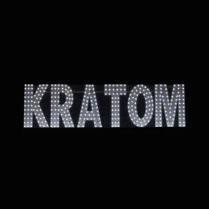 LED Kratom shop sign with bright white lights on black background for business display.