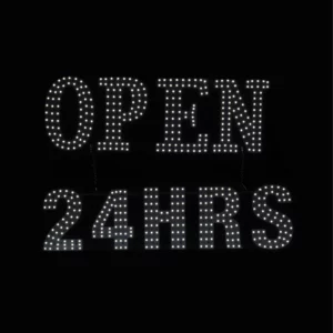 White LED sign reading “OPEN 24HRS” on a black background.