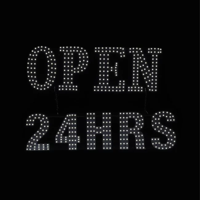White LED sign reading “OPEN 24HRS” on a black background.
