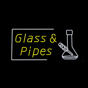 LED neon glass and pipes sign with yellow text and bong graphic for smoke shop display.