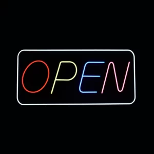 LED neon open sign with multicolor letters for storefront and business display.