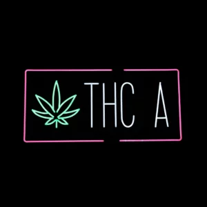 LED neon THC A sign with cannabis leaf graphic and pink border for smoke shop or dispensary display.