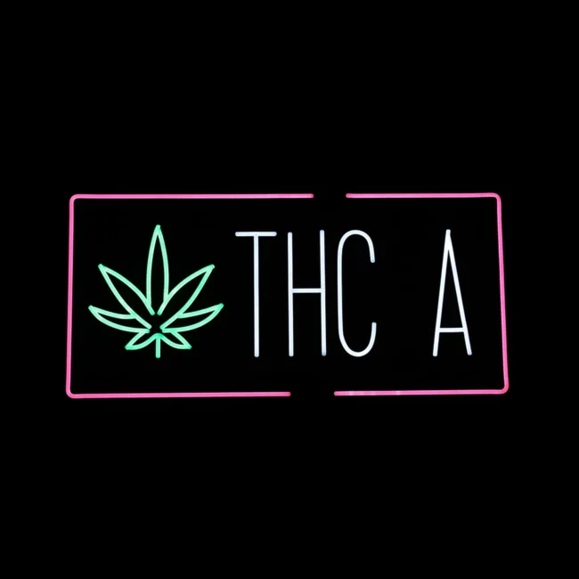 LED neon THC A sign with cannabis leaf graphic and pink border for smoke shop or dispensary display.