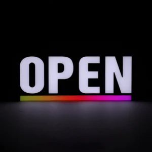 Vibrant multicolor LED neon flex "OPEN" sign for storefront windows, featuring a glowing white rectangular border and letters in red, yellow, blue, and pink. Lightweight 5lb signage for retail shops and restaurants.