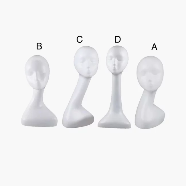 White abstract mannequin display heads for jewelry, necklace, and earring presentation, available in styles A–D.