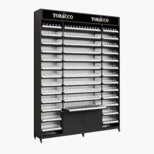 6 FT wide 8 FT height cigarette display stand with 251 cigarette pushers, LED shelf lighting, lockable storage cabinet, and rolling wheels for retail stores