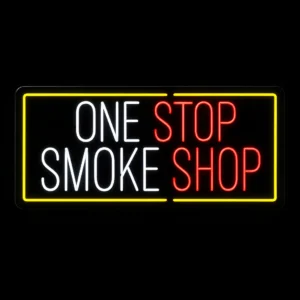 One Stop Smoke Shop neon LED sign with white red and yellow lighting mounted on black backing board for storefront display