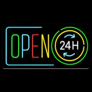 OPEN 24 H multicolor neon LED business sign with ice blue, green, yellow, and white lighting on black backing board