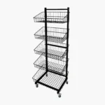 Steel 5 tier basket display stand trolley with black finish and lockable wheels for retail store merchandising