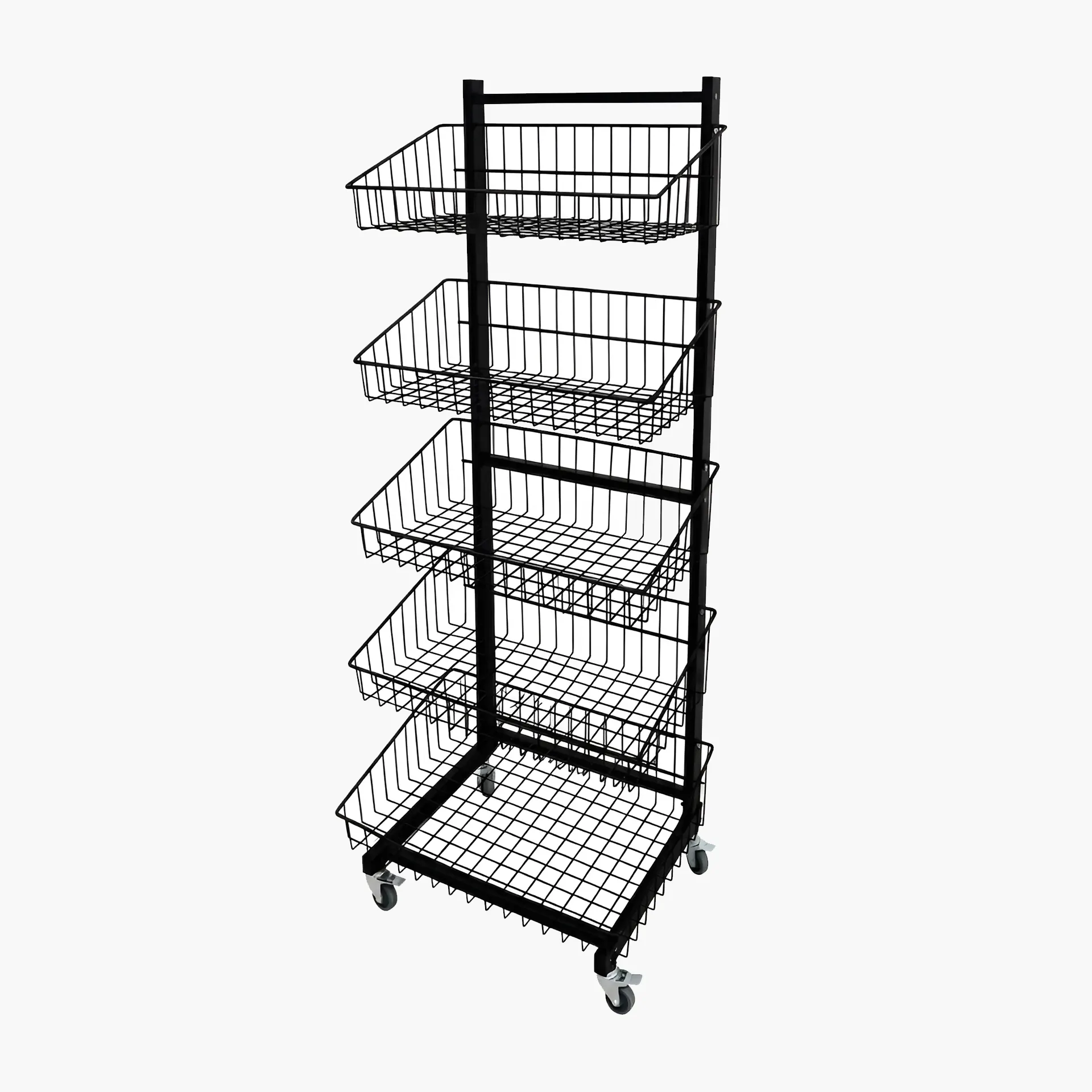 Steel 5 tier basket display stand trolley with black finish and lockable wheels for retail store merchandising