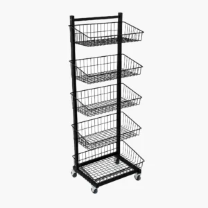 Black 5 tier single sided basket stand trolley with lockable wheels for retail merchandising displays