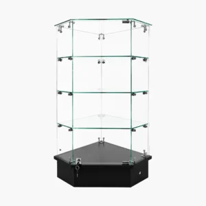 Frameless corner display unit with glass shelves, LED lighting, and lockable MFC base for retail merchandising