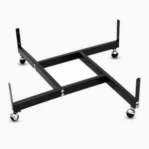 Black steel 4 way gridwall base with casters for retail display panels and commercial merchandising setups