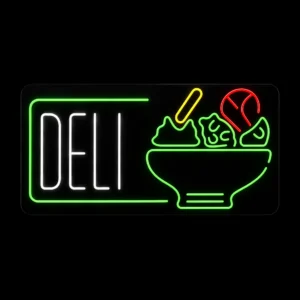 Deli neon LED sign with white green red and yellow lighting mounted on black backing board for storefront display