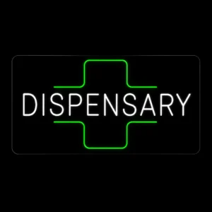 Dispensary neon LED sign with white and green lighting mounted on black backing board for storefront display