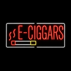 E-Cigars neon LED sign with white red and yellow lighting mounted on black backing board for storefront display