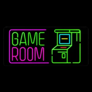 Game room neon LED sign with green purple red blue and yellow lighting mounted on black backing board for entertainment display