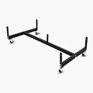 Black steel H-base for gridwall with casters for retail display panels and commercial merchandising systems