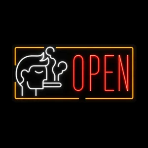 Smoking open neon LED sign with white red and orange lighting mounted on black backing board for storefront display