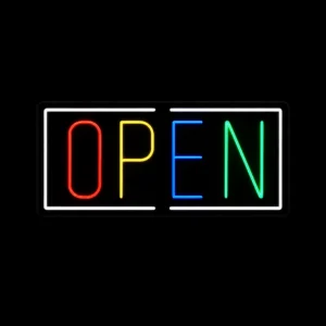 Open neon LED sign with white red yellow blue and green lighting mounted on black backing board for storefront display