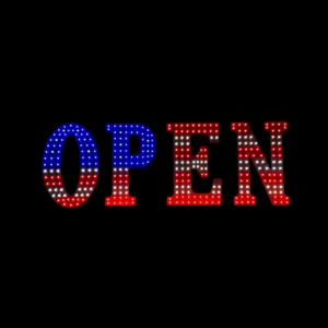 Open LED sign with red white and blue USA flag colors for storefront business display
