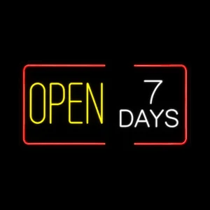 Open 7 Days neon LED sign with red yellow and white lighting mounted on black backing board for storefront display