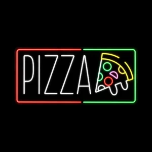 Pizza neon LED sign with white red yellow warm white green and pink lighting mounted on black backing board for restaurant storefront display