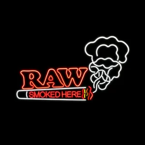 Raw Smoked Here neon LED sign with smoke flicker effect and red white warm yellow lighting on shape-cut black backing board
