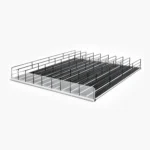 Cooler roller shelf system with iron dividers and acrylic front fence for refrigerated product organization