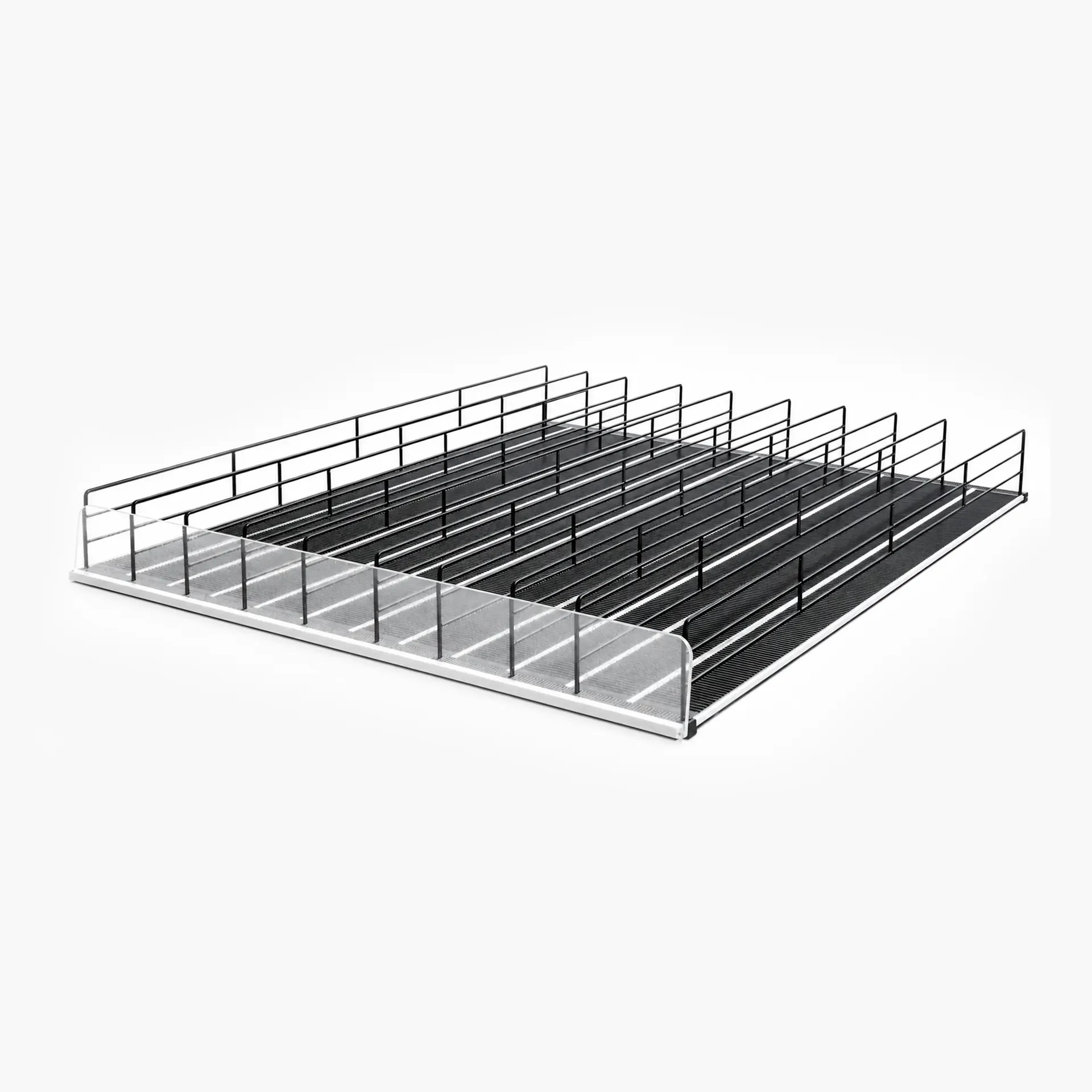Cooler roller shelf system with iron dividers and acrylic front fence for refrigerated product organization