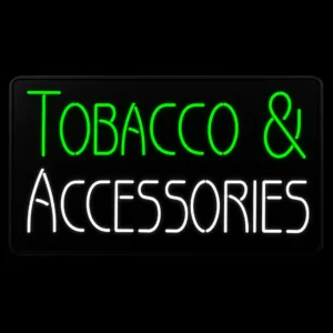 Tobacco and accessories neon LED sign with white and green lighting mounted on black backing board for retail storefront display